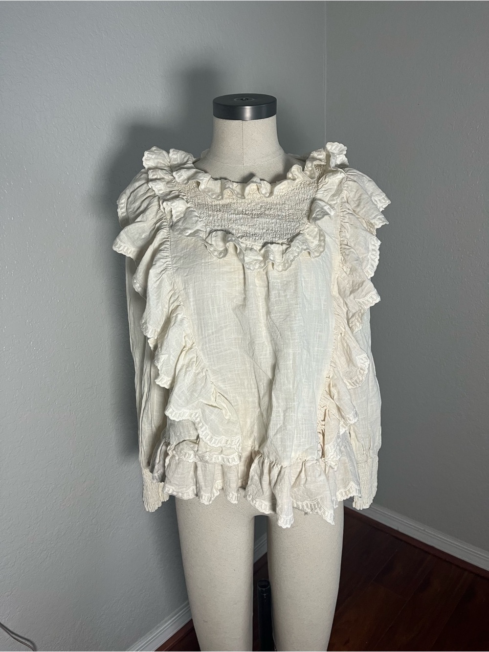 fab'rik Cream Ruffled Smocked Yoke Blouse